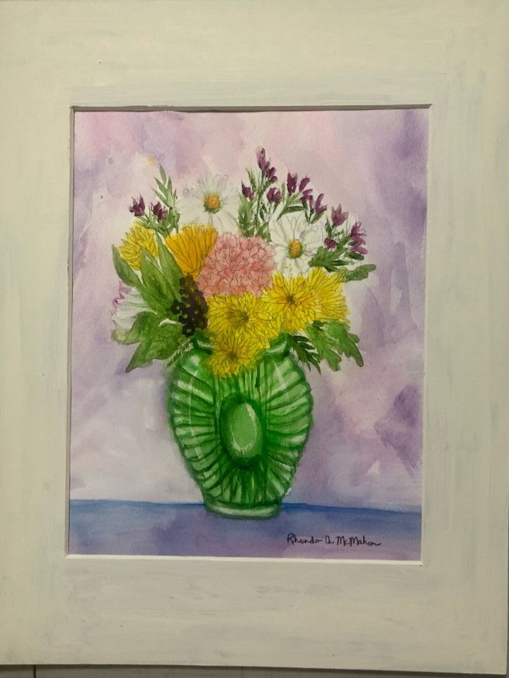 Lovely Bouquet in Green Vase Watercolor Painting
